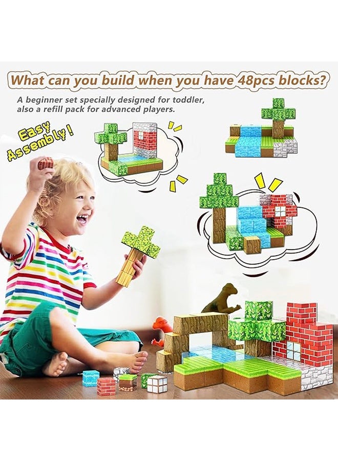 Metoo 48 Pieces Magnetic Building Blocks - Build a Mine Magnet World Set for 3-5 and 6-8 Years Old Boys and Girls, STEM Montessori Stacking Toys, Sensory Building Blocks, Toddler Birthday Gift, 2cm Magnet Cubes, Essential Building Block Toys for Classroom - Image 2