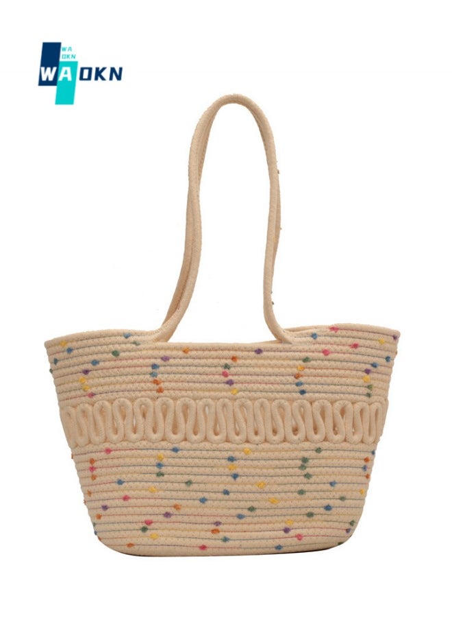 WAOKN Women's Hollow Cotton Thread Woven Shoulder Bag, Ladies New Large-capacity French Handbag Carrying Bag, Stitching Color Seaside Vacation Beach Bag Tote Bags  - Image 1