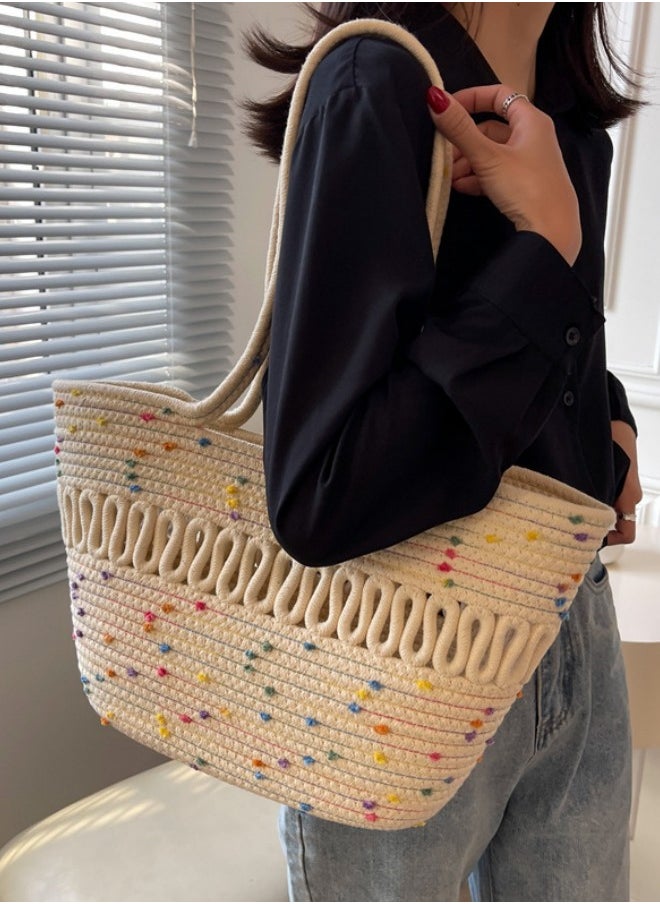 WAOKN Women's Hollow Cotton Thread Woven Shoulder Bag, Ladies New Large-capacity French Handbag Carrying Bag, Stitching Color Seaside Vacation Beach Bag Tote Bags  - Image 2