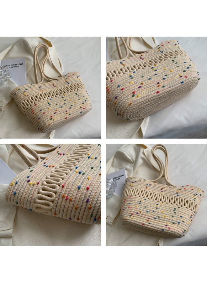 WAOKN Women's Hollow Cotton Thread Woven Shoulder Bag, Ladies New Large-capacity French Handbag Carrying Bag, Stitching Color Seaside Vacation Beach Bag Tote Bags  - Image 4