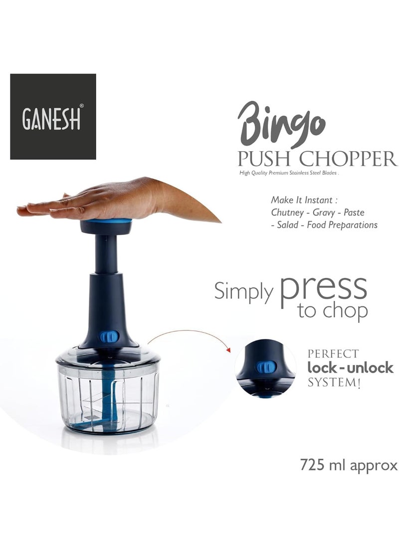 Manual Hand Press Bingo Push Chopper with 3 Blades for Effortless Chopping Vegetables & Fruits (Assorted, 725 ml, Plastic)