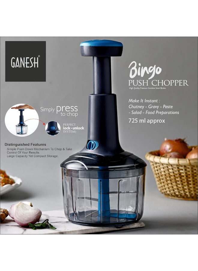 Manual Hand Press Bingo Push Chopper with 3 Blades for Effortless Chopping Vegetables & Fruits (Assorted, 725 ml, Plastic)