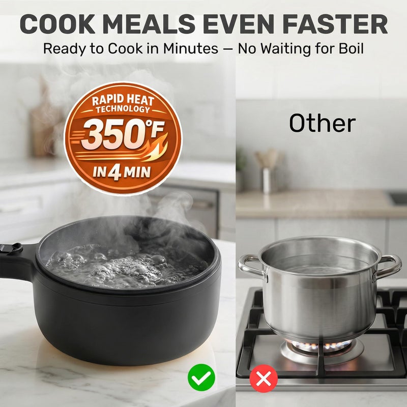 ceramax Hot Pot Electric 1.5L CERAMAX, Non-Toxic Ceramic Noodle Cooker Skillet with Steamer & Lid for Ramen, Pasta, Eggs, Soup - Fast Heating, Portable for Dorms, Camping, RVs, Office, Adjustable Temperature - Image 5