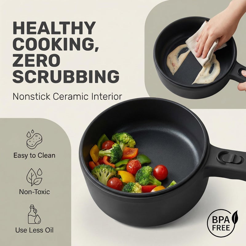 ceramax Hot Pot Electric 1.5L CERAMAX, Non-Toxic Ceramic Noodle Cooker Skillet with Steamer & Lid for Ramen, Pasta, Eggs, Soup - Fast Heating, Portable for Dorms, Camping, RVs, Office, Adjustable Temperature - Image 4