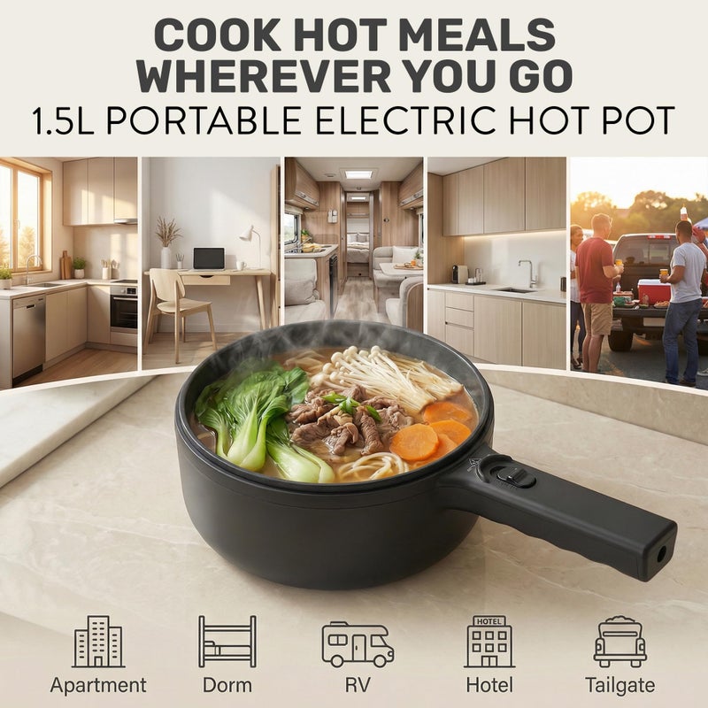ceramax Hot Pot Electric 1.5L CERAMAX, Non-Toxic Ceramic Noodle Cooker Skillet with Steamer & Lid for Ramen, Pasta, Eggs, Soup - Fast Heating, Portable for Dorms, Camping, RVs, Office, Adjustable Temperature - Image 2