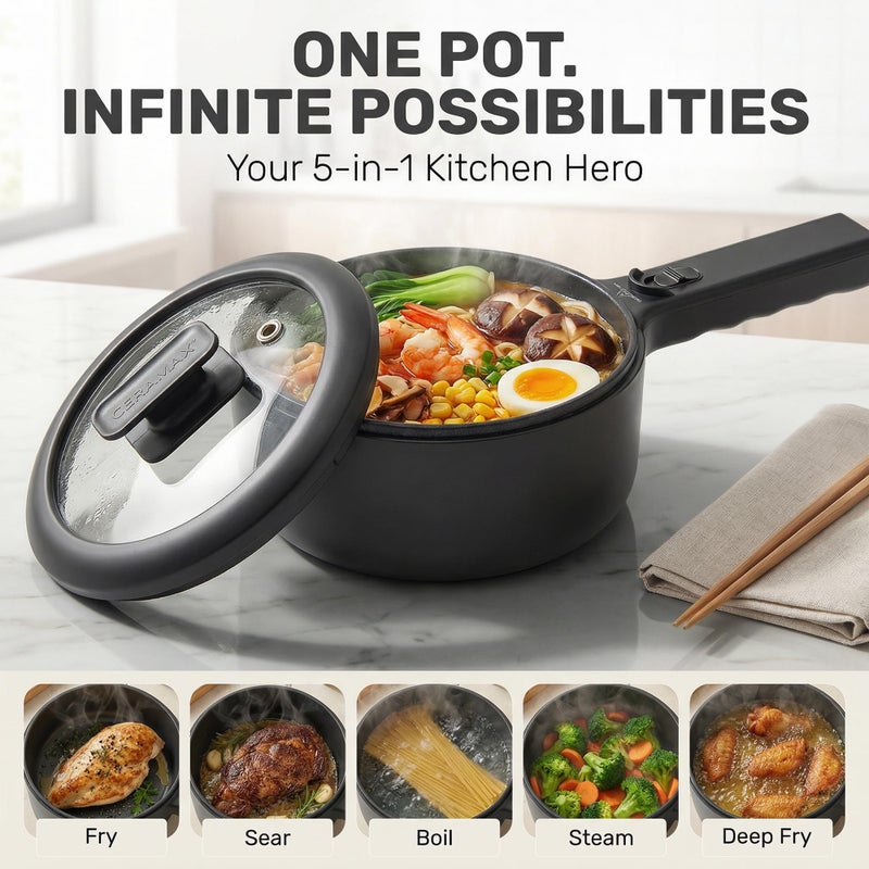 ceramax Hot Pot Electric 1.5L CERAMAX, Non-Toxic Ceramic Noodle Cooker Skillet with Steamer & Lid for Ramen, Pasta, Eggs, Soup - Fast Heating, Portable for Dorms, Camping, RVs, Office, Adjustable Temperature - Image 3