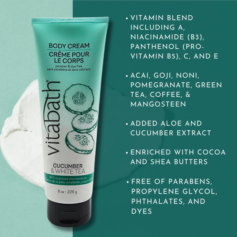 Vitabath Cucumber & White Tea Moisturizing Body Cream - Soothing Hydration Vitamin & Nutrient Skin Care - Replenishing All Over Dry Skin Lotion Moisturizer for Women & Men - 8 Ounce - Image 2