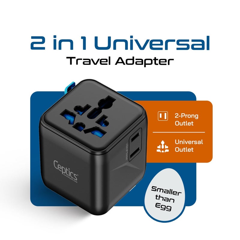 Ceptics 2 in 1 Universal Charger Adapter, Universal Travel Adapter All in One with 2500W High Power Output, International Plug Adapter for Phones, Tablets, Compatible in 150+ Countries - Image 2