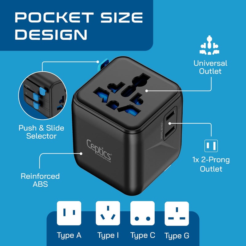 Ceptics 2 in 1 Universal Charger Adapter, Universal Travel Adapter All in One with 2500W High Power Output, International Plug Adapter for Phones, Tablets, Compatible in 150+ Countries - Image 3