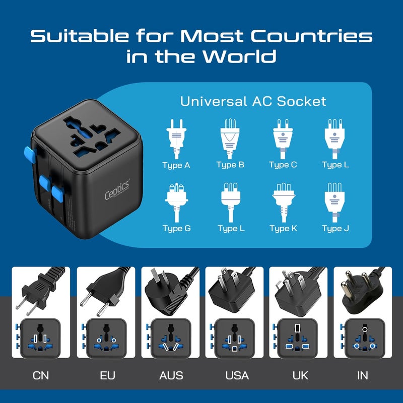 Ceptics 2 in 1 Universal Charger Adapter, Universal Travel Adapter All in One with 2500W High Power Output, International Plug Adapter for Phones, Tablets, Compatible in 150+ Countries - Image 5