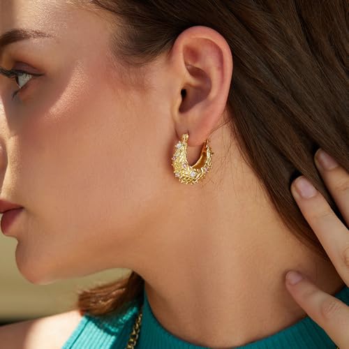 FRUMOS Chunky Hoop Earrings for Women Girls,14K Gold Plated Hoop Earrings with 925 Sterling Silver Post Cubic Zirconia Huggie Earrings| CZ Stud Earring(CZ Paved Gold Chunky Earrings) - Image 4