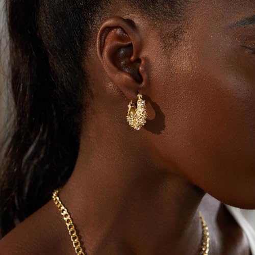 FRUMOS Chunky Hoop Earrings for Women Girls,14K Gold Plated Hoop Earrings with 925 Sterling Silver Post Cubic Zirconia Huggie Earrings| CZ Stud Earring(CZ Paved Gold Chunky Earrings) - Image 5