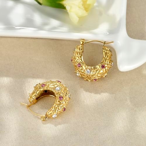 FRUMOS Chunky Hoop Earrings for Women Girls,14K Gold Plated Hoop Earrings with 925 Sterling Silver Post Cubic Zirconia Huggie Earrings| CZ Stud Earring(CZ Paved Gold Chunky Earrings) - Image 3