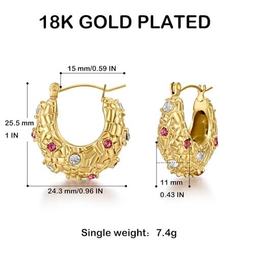 FRUMOS Chunky Hoop Earrings for Women Girls,14K Gold Plated Hoop Earrings with 925 Sterling Silver Post Cubic Zirconia Huggie Earrings| CZ Stud Earring(CZ Paved Gold Chunky Earrings) - Image 2
