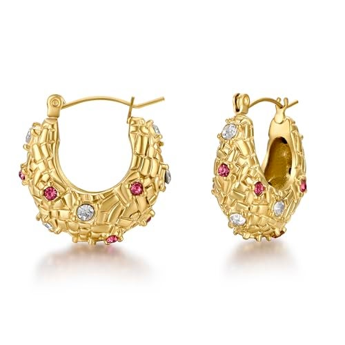 FRUMOS Chunky Hoop Earrings for Women Girls,14K Gold Plated Hoop Earrings with 925 Sterling Silver Post Cubic Zirconia Huggie Earrings| CZ Stud Earring(CZ Paved Gold Chunky Earrings) - Image 1
