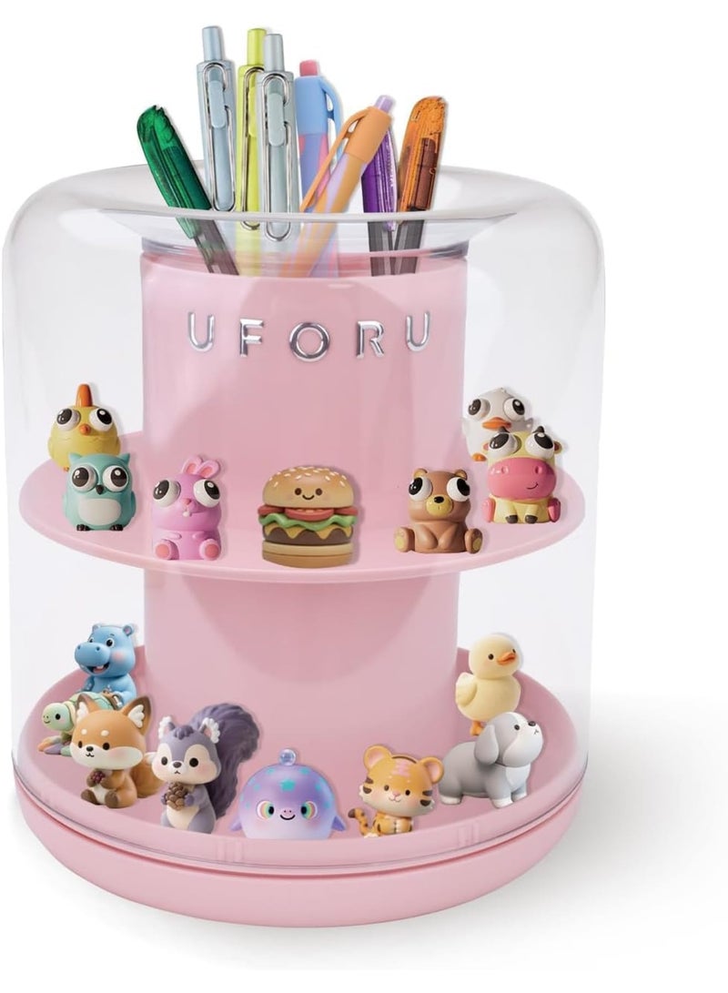 SYOSI Rotating Display Case, 360 Degree Figure Showcase with Makeup Brush Holder and Compartments, Small Organizer for Mini Figures Pens Brushes Accessories, 5.7×5.7×6.5in for Home and Desk - Image 1