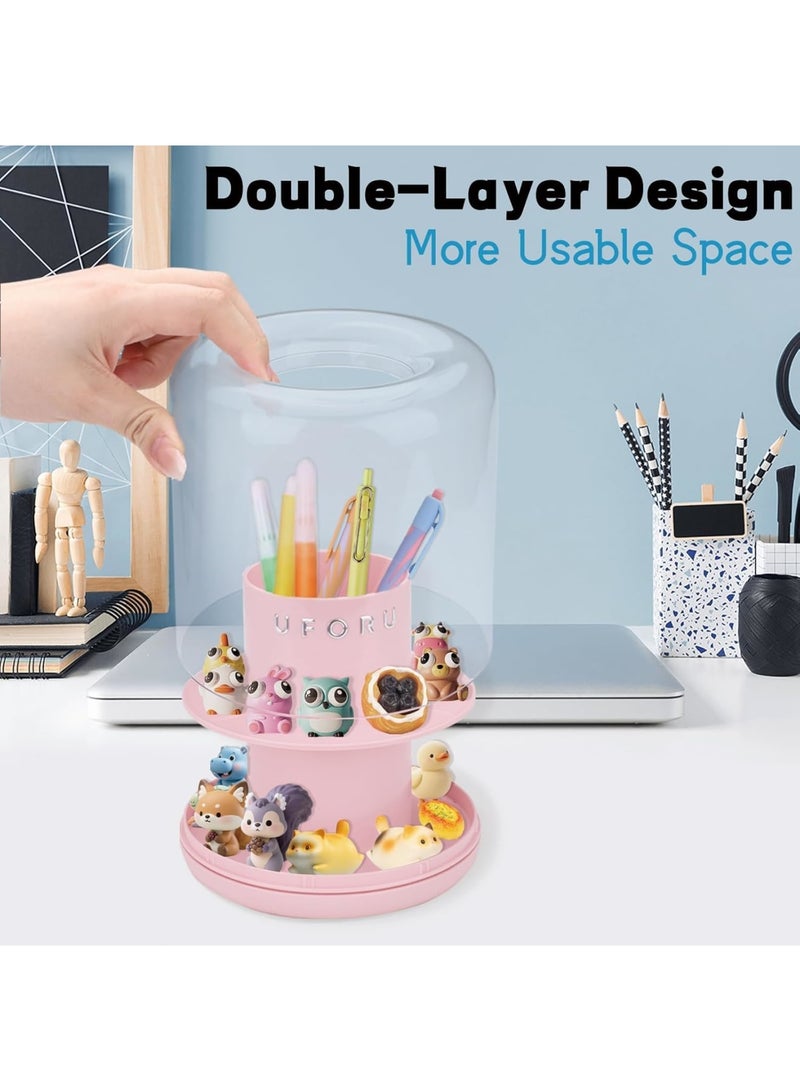SYOSI Rotating Display Case, 360 Degree Figure Showcase with Makeup Brush Holder and Compartments, Small Organizer for Mini Figures Pens Brushes Accessories, 5.7×5.7×6.5in for Home and Desk - Image 3