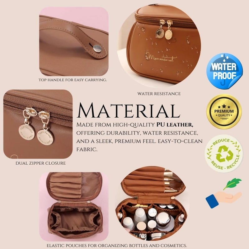MANTRAVIB Luxury PU Leather Makeup Bag Waterproof Travel Cosmetic Organizer with Handle Dual Zipper Elegant Vanity Case for Brushes Skincare Toiletries Perfect Gifts for Women Girls Multicolor - Image 3
