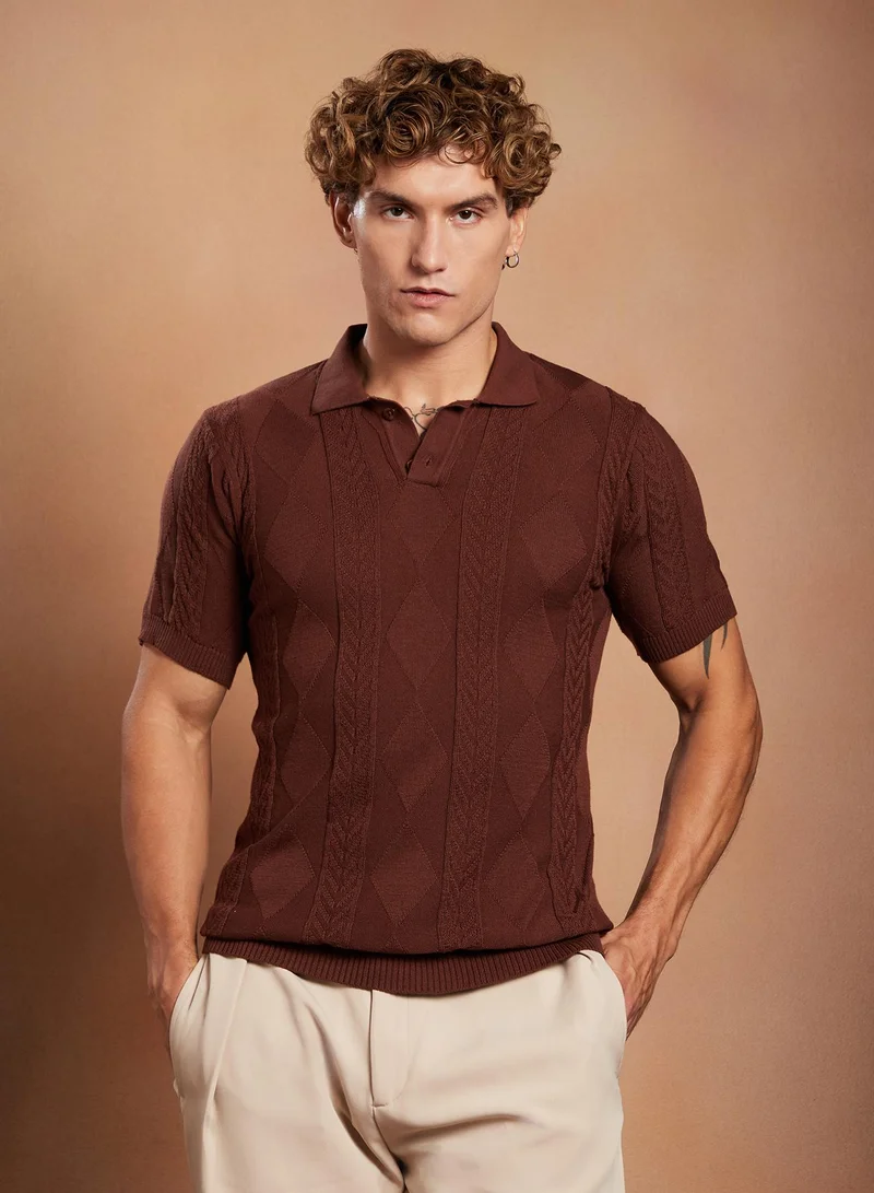 Campus Sutra Campus Sutra Men's Chocolate Brown Argyle-Tactile Polo T-Shirt For Casual Wear | Polo Neck | Short Regular Sleeves | Half-Button Closure | T-Shirt Crafted With Comfort Fit For Everyday Wear