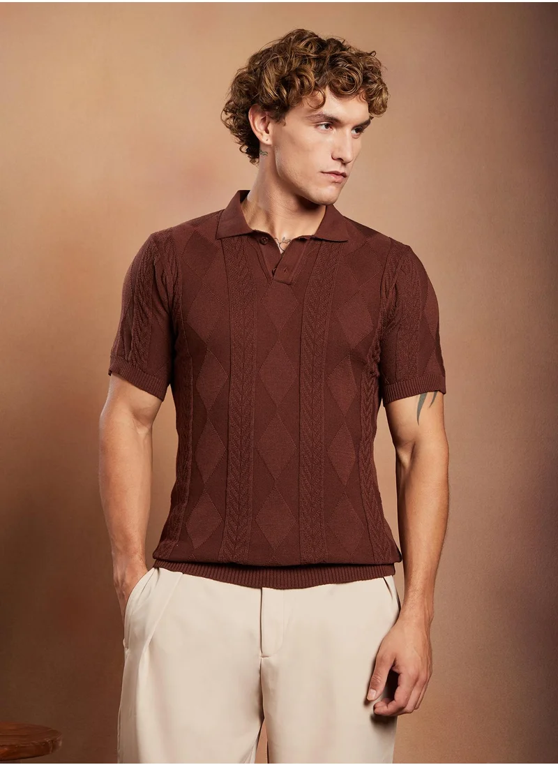 Campus Sutra Campus Sutra Men's Chocolate Brown Argyle-Tactile Polo T-Shirt For Casual Wear | Polo Neck | Short Regular Sleeves | Half-Button Closure | T-Shirt Crafted With Comfort Fit For Everyday Wear
