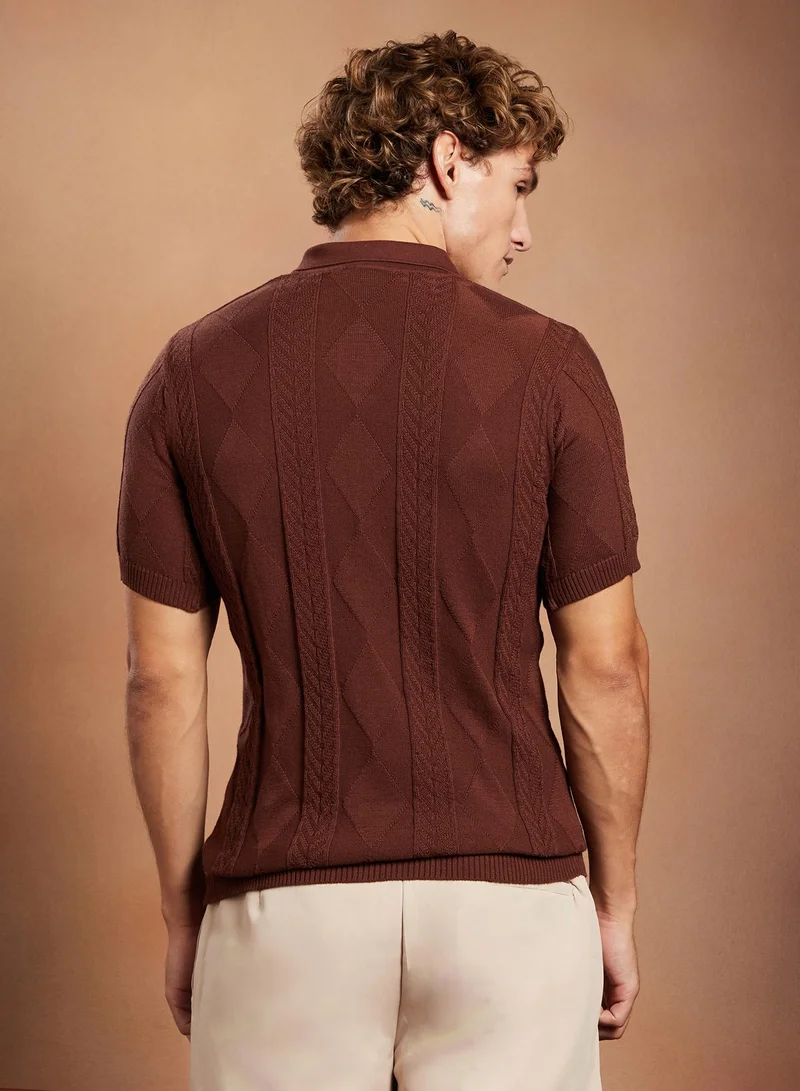 Campus Sutra Campus Sutra Men's Chocolate Brown Argyle-Tactile Polo T-Shirt For Casual Wear | Polo Neck | Short Regular Sleeves | Half-Button Closure | T-Shirt Crafted With Comfort Fit For Everyday Wear