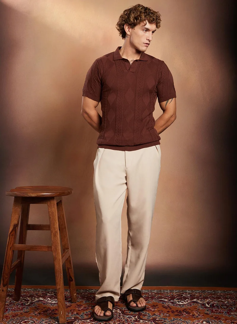 Campus Sutra Campus Sutra Men's Chocolate Brown Argyle-Tactile Polo T-Shirt For Casual Wear | Polo Neck | Short Regular Sleeves | Half-Button Closure | T-Shirt Crafted With Comfort Fit For Everyday Wear