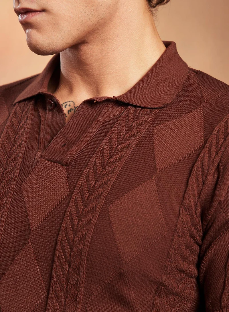 Campus Sutra Campus Sutra Men's Chocolate Brown Argyle-Tactile Polo T-Shirt For Casual Wear | Polo Neck | Short Regular Sleeves | Half-Button Closure | T-Shirt Crafted With Comfort Fit For Everyday Wear