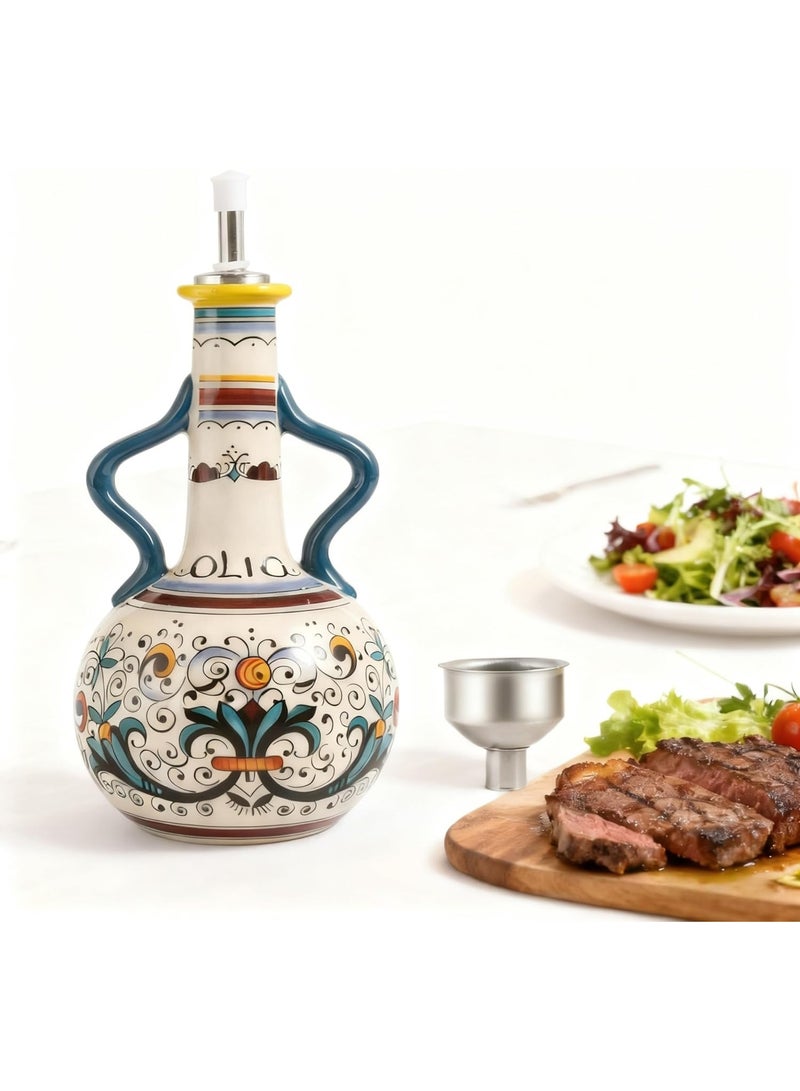 Monda Ceramic Olive Oil Dispenser Hand Painted Olive Oil Bottles UV Blocking Seasoning Bottle Drip-Free Spout & Anti-Tip Base with Stainless Steel Spout for Oils for Kitchen Countertop Vinegar Bottle Gift Set (700ml) - Image 1