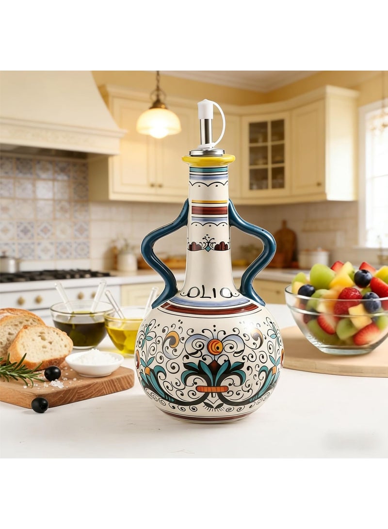 Monda Ceramic Olive Oil Dispenser Hand Painted Olive Oil Bottles UV Blocking Seasoning Bottle Drip-Free Spout & Anti-Tip Base with Stainless Steel Spout for Oils for Kitchen Countertop Vinegar Bottle Gift Set (700ml) - Image 5