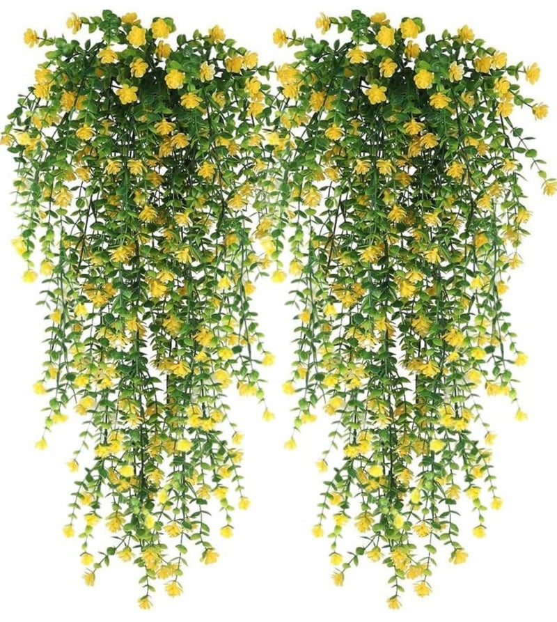 VRB Dec 2 Pcs Artificial Dry Baby's Breath Greenery Hanging Plants Vines Fake Ivy Hanging Flowers Vine Wall Hanging for Home Decor,Wall,Balcony Decoration. (2, Yellow Euclyptus Fern Hanging) - Image 1