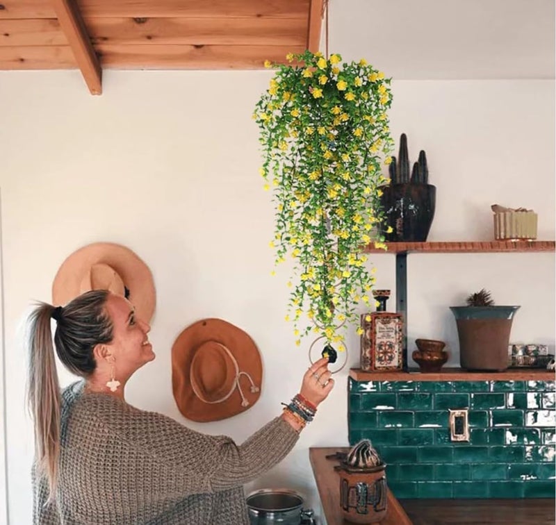 VRB Dec 2 Pcs Artificial Dry Baby's Breath Greenery Hanging Plants Vines Fake Ivy Hanging Flowers Vine Wall Hanging for Home Decor,Wall,Balcony Decoration. (2, Yellow Euclyptus Fern Hanging) - Image 3