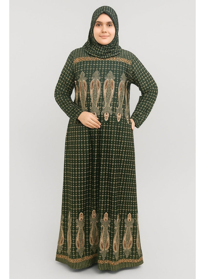 Women's Traditional Embroidered Abaya Dress Long Sleeve Maxi Islamic Modest Dress Dark Green with Gold Paisley Print Loose Fit Comfortable Casual Party Evening Wear Plus Size Fits Up to 75 KG - Image 2