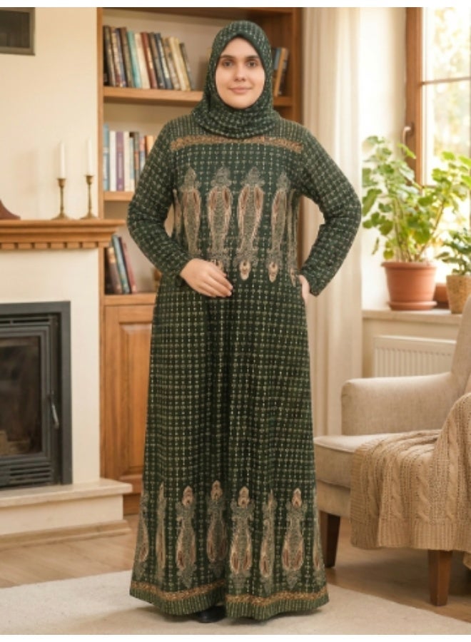 Women's Traditional Embroidered Abaya Dress Long Sleeve Maxi Islamic Modest Dress Dark Green with Gold Paisley Print Loose Fit Comfortable Casual Party Evening Wear Plus Size Fits Up to 75 KG - Image 1
