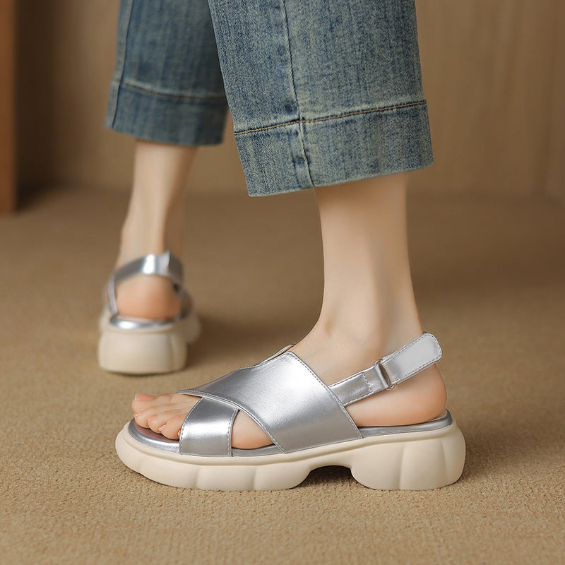 2024 Summer Thick Bottom Classic Round Head 33-43 Size Velcro Open Toe Women'S Sandals - Image 2