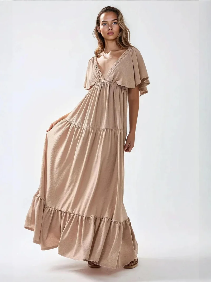 HICCUP Textured V-Neck A-Form Maxi Dress