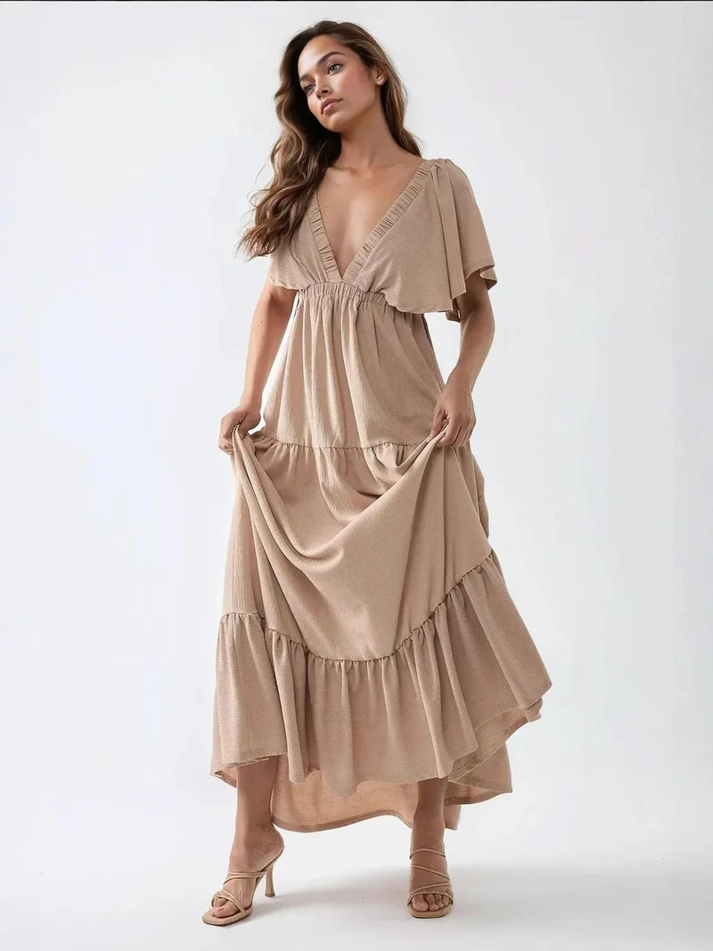 HICCUP Textured V-Neck A-Form Maxi Dress