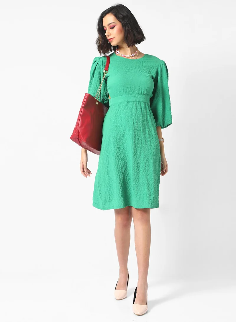 PINACOLADA PINACOLADA Women's Solid Green Quarter Sleeve Knee Length Regular Fit Dress For Casual Wear | Crewneck Dress Crafted With Comfort Fit And High Performance For Everyday Wear