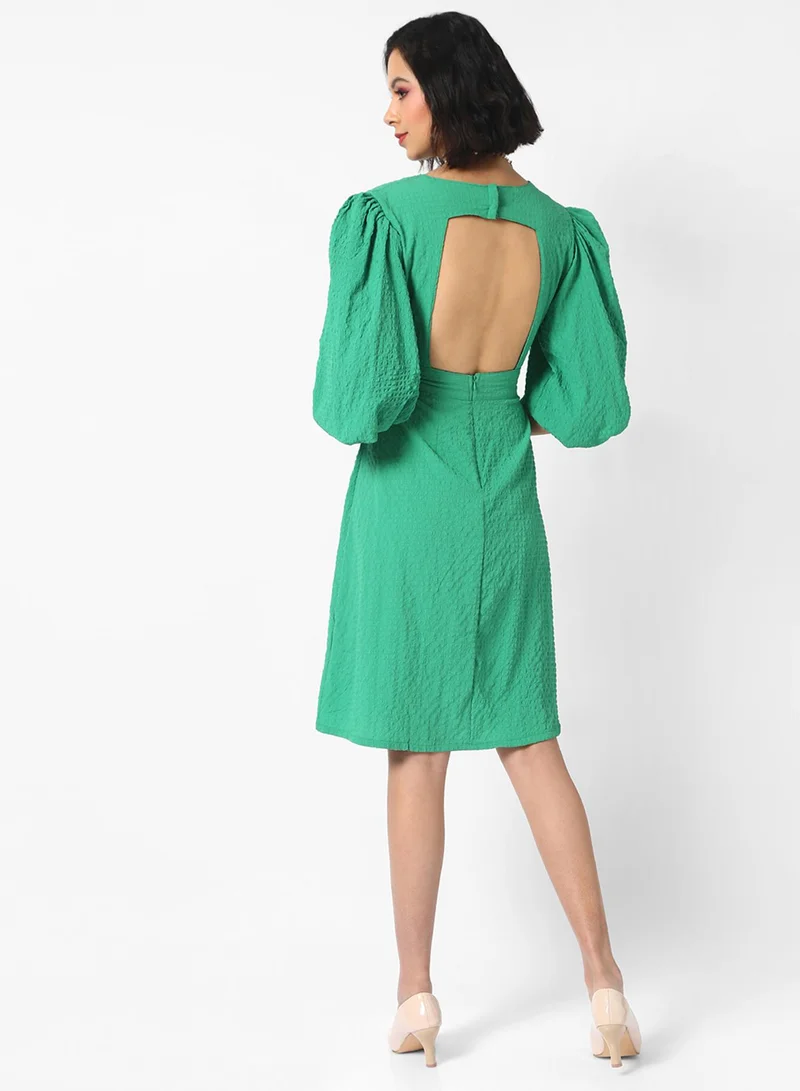 PINACOLADA PINACOLADA Women's Solid Green Quarter Sleeve Knee Length Regular Fit Dress For Casual Wear | Crewneck Dress Crafted With Comfort Fit And High Performance For Everyday Wear