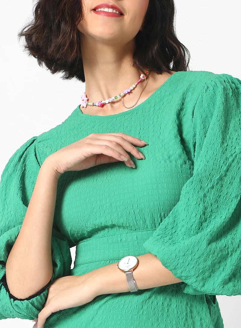 PINACOLADA PINACOLADA Women's Solid Green Quarter Sleeve Knee Length Regular Fit Dress For Casual Wear | Crewneck Dress Crafted With Comfort Fit And High Performance For Everyday Wear
