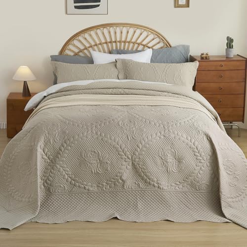 EVENHUG Oversized King Bedspreads California King Quilt Set with Pillow Shams Extra Wide Large King Size Quilts Lightweight Coverlet Bedding Sets Taupe 120"x120" - Image 2