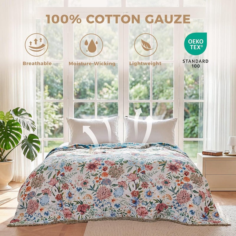 LUTBM Boho Throw Blanket for Bed Cotton Blankets Twin Size for Bedroom Living Room All Season Lightweight Floral Embroidery Quilt for Couch Sofa Chair 60"x80" - Image 2