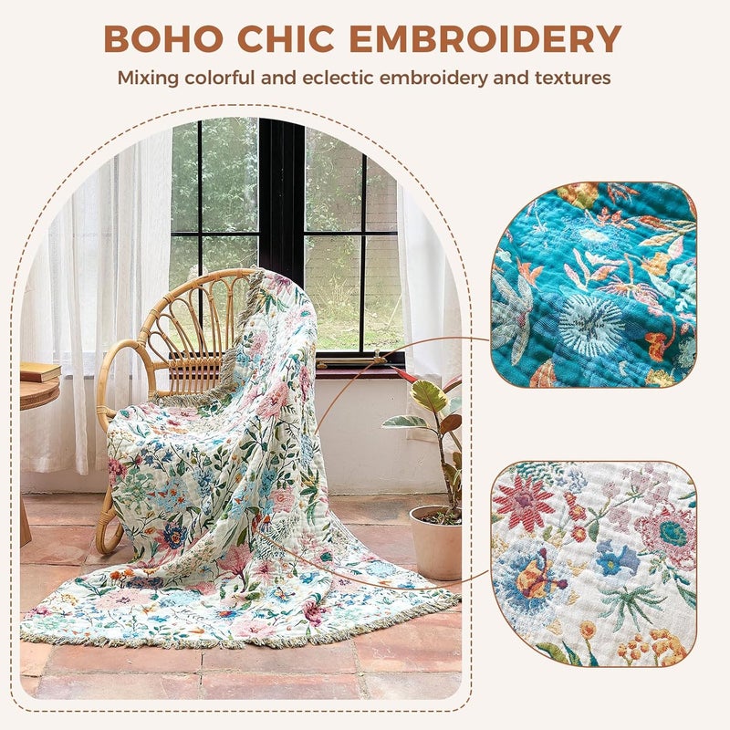 LUTBM Boho Throw Blanket for Bed Cotton Blankets Twin Size for Bedroom Living Room All Season Lightweight Floral Embroidery Quilt for Couch Sofa Chair 60"x80" - Image 3