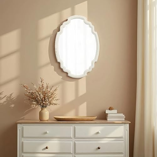 Sintosin Vintage Sculpted Oval Mirrors for Wall Decor Living Room 16 x 23 inch, Hanging Distressed White Ornate Accent Wood Farmhouse Mirror, Rustic Wall Mounted Mirrors for Small Bathroom Entryway - Image 5