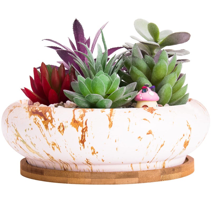 ARTKETTY Succulent Pots 73 Inch Large Succulent Planters with Drainage Ceramic Bonsai Pots with Tray Shallow Planters for Indoor Flower Plants Marble Cactus Planter Bowl