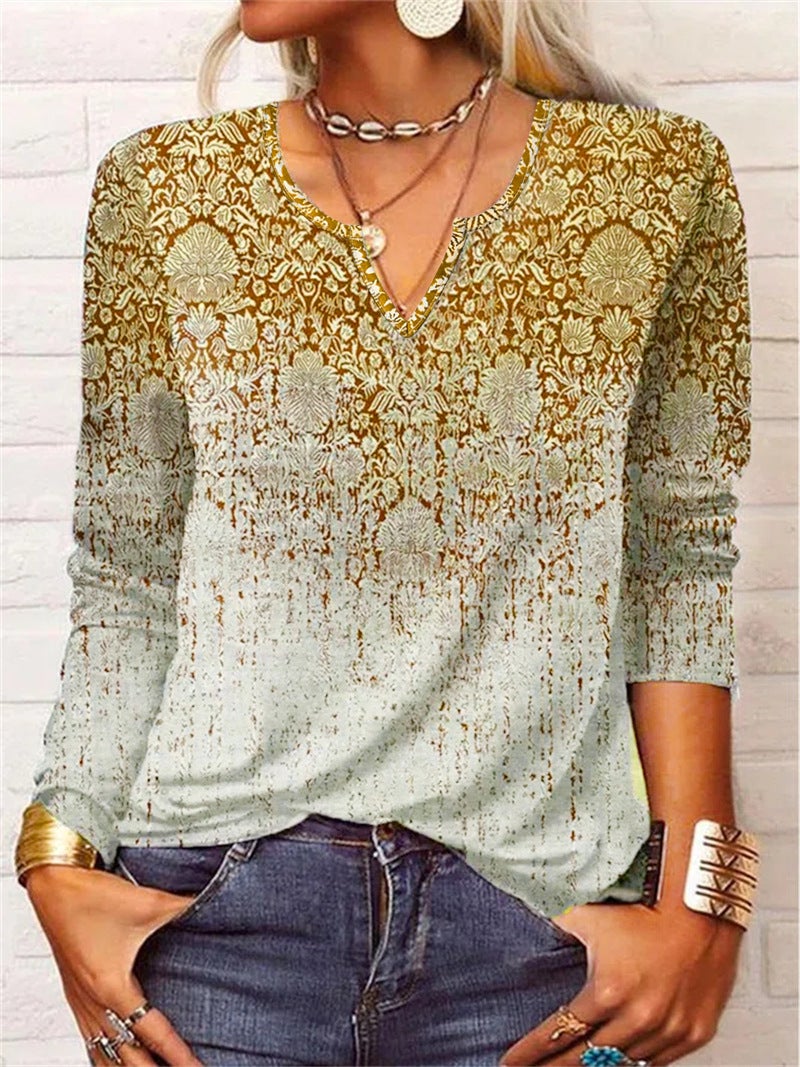 2025 Spring Loose Long Sleeve Flower Mang V-neck T-shirt Base Shirt Women's Wear - Image 1