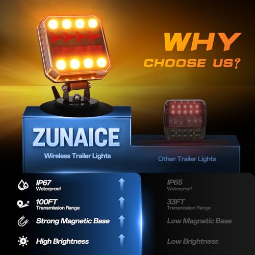 ZUNAICE Wireless Trailer Lights, Rechargeable Magnetic LED Trailer Lights with Reverse Light, Portable Wireless Tow Tail Light Kit for Trucks, Boats, RVs, Campers - Image 3