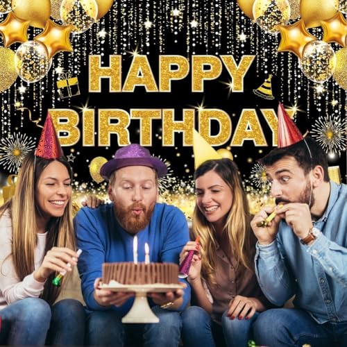 DARSHANAM WORLD Birthday Decoration Backdrop Cloth Curtain (Pack of 1, Size: 5x8 Feet) Background Enhancer Poster,Happy Birthday Sign Theme-(Polyester) (Gold & Black) - Image 2