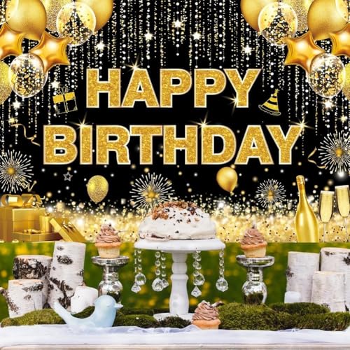 DARSHANAM WORLD Birthday Decoration Backdrop Cloth Curtain (Pack of 1, Size: 5x8 Feet) Background Enhancer Poster,Happy Birthday Sign Theme-(Polyester) (Gold & Black) - Image 4