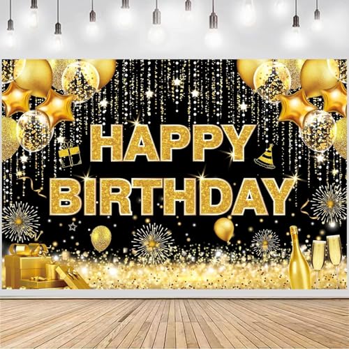 DARSHANAM WORLD Birthday Decoration Backdrop Cloth Curtain (Pack of 1, Size: 5x8 Feet) Background Enhancer Poster,Happy Birthday Sign Theme-(Polyester) (Gold & Black) - Image 1