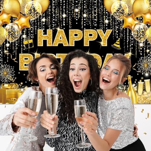DARSHANAM WORLD Birthday Decoration Backdrop Cloth Curtain (Pack of 1, Size: 5x8 Feet) Background Enhancer Poster,Happy Birthday Sign Theme-(Polyester) (Gold & Black) - Image 5